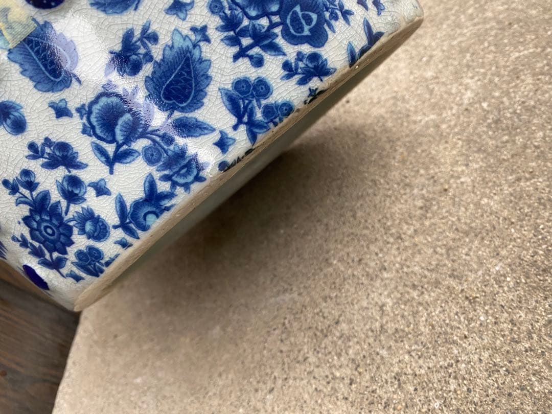 陶器 椅子 花台 ガーデンチェア 染付 山水風景 イス フラワースタンド 玄関