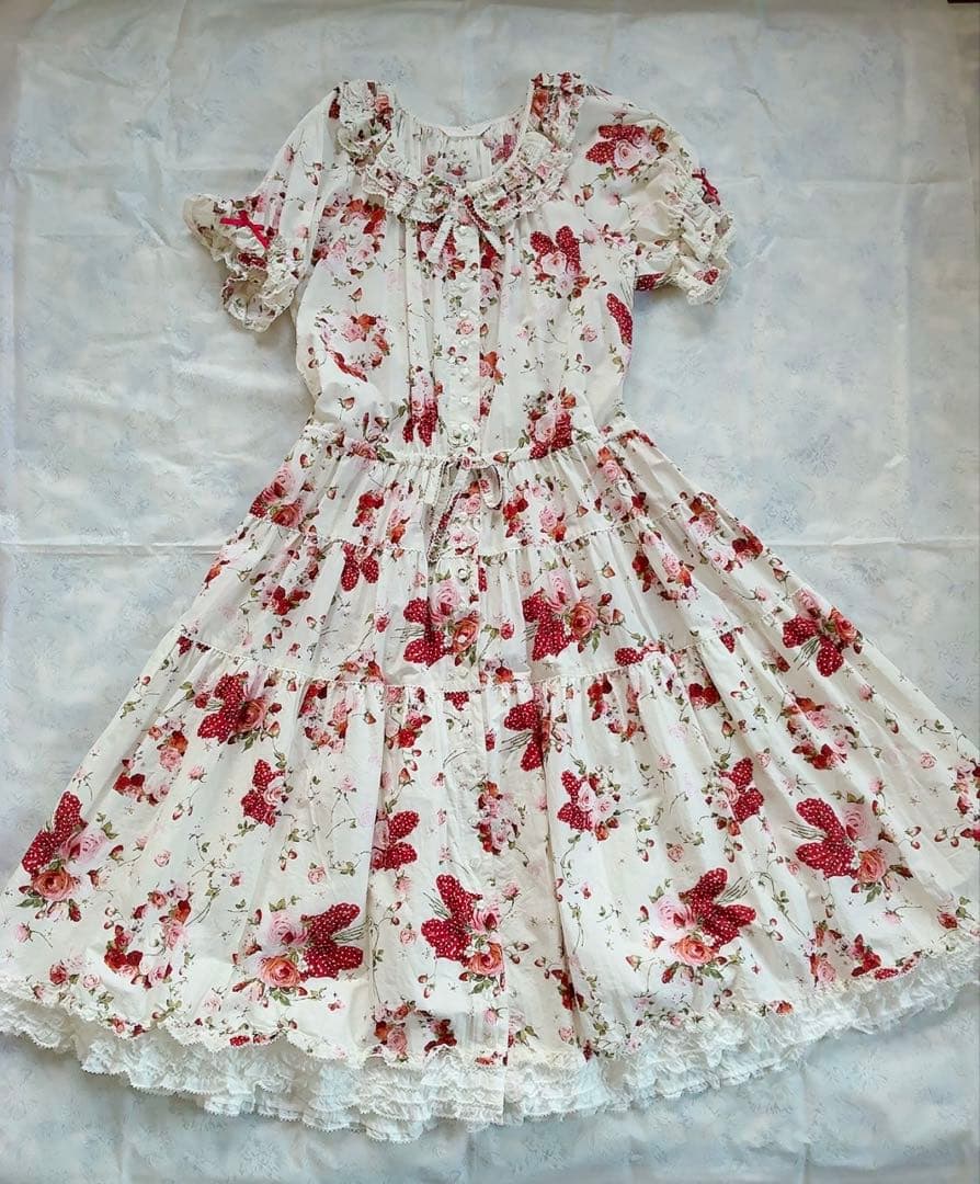 ピンクハウス❤️【未着用】リボンブーケプリントミディ丈ワンピース❤️