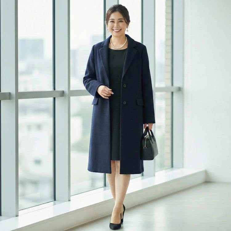 3L・ネイビー やわらかカシミア調 フェイクウール チェスターコート