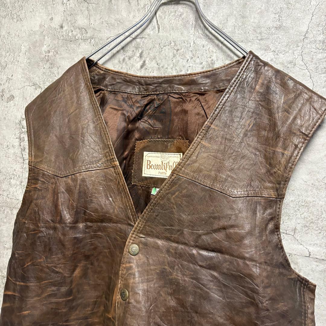 ビンテージ 古着 レザーベスト ブラウン 本革 XL - メルカリ
