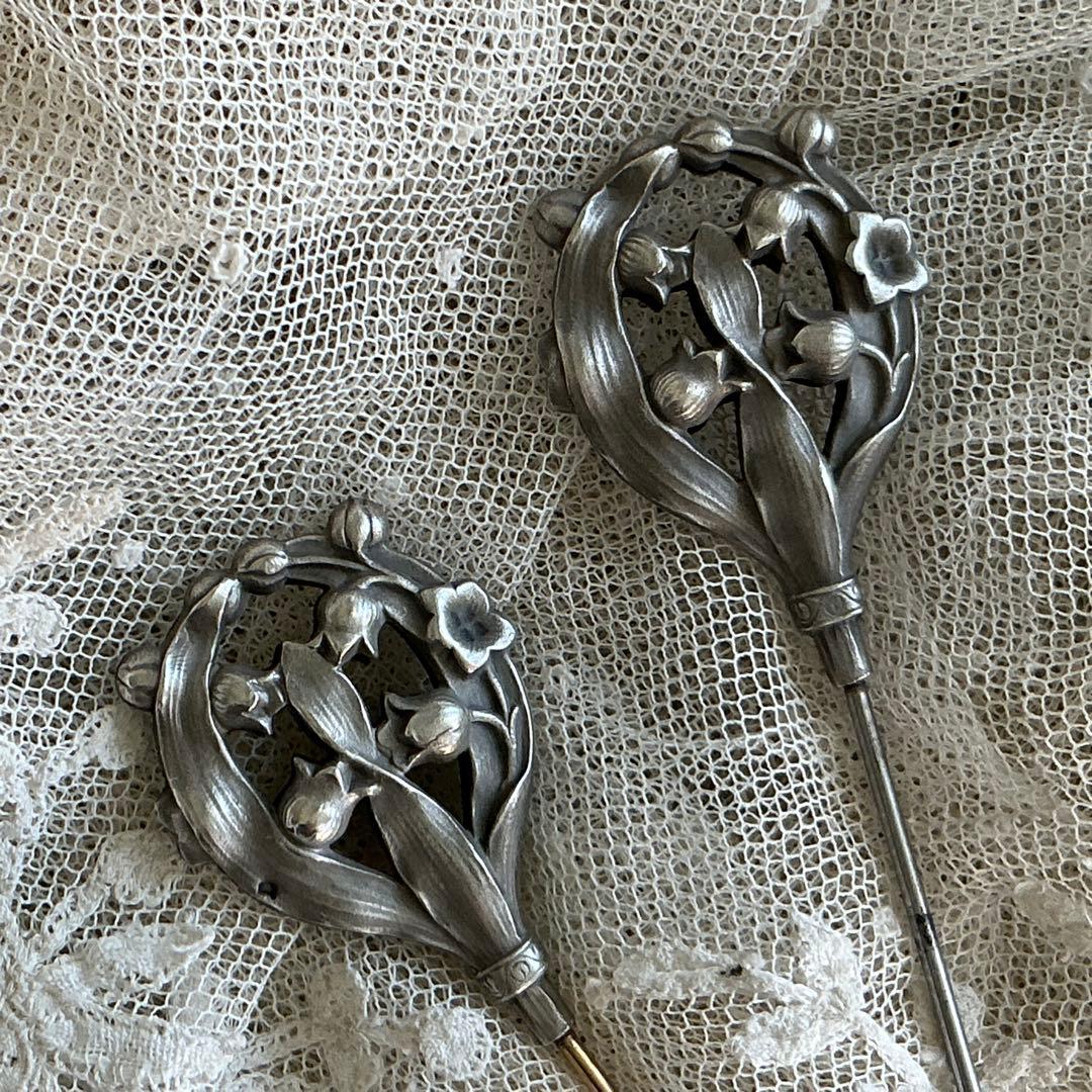 フランスアンティーク　すずらん　ハットピン　ブローチ　シルバー　銀