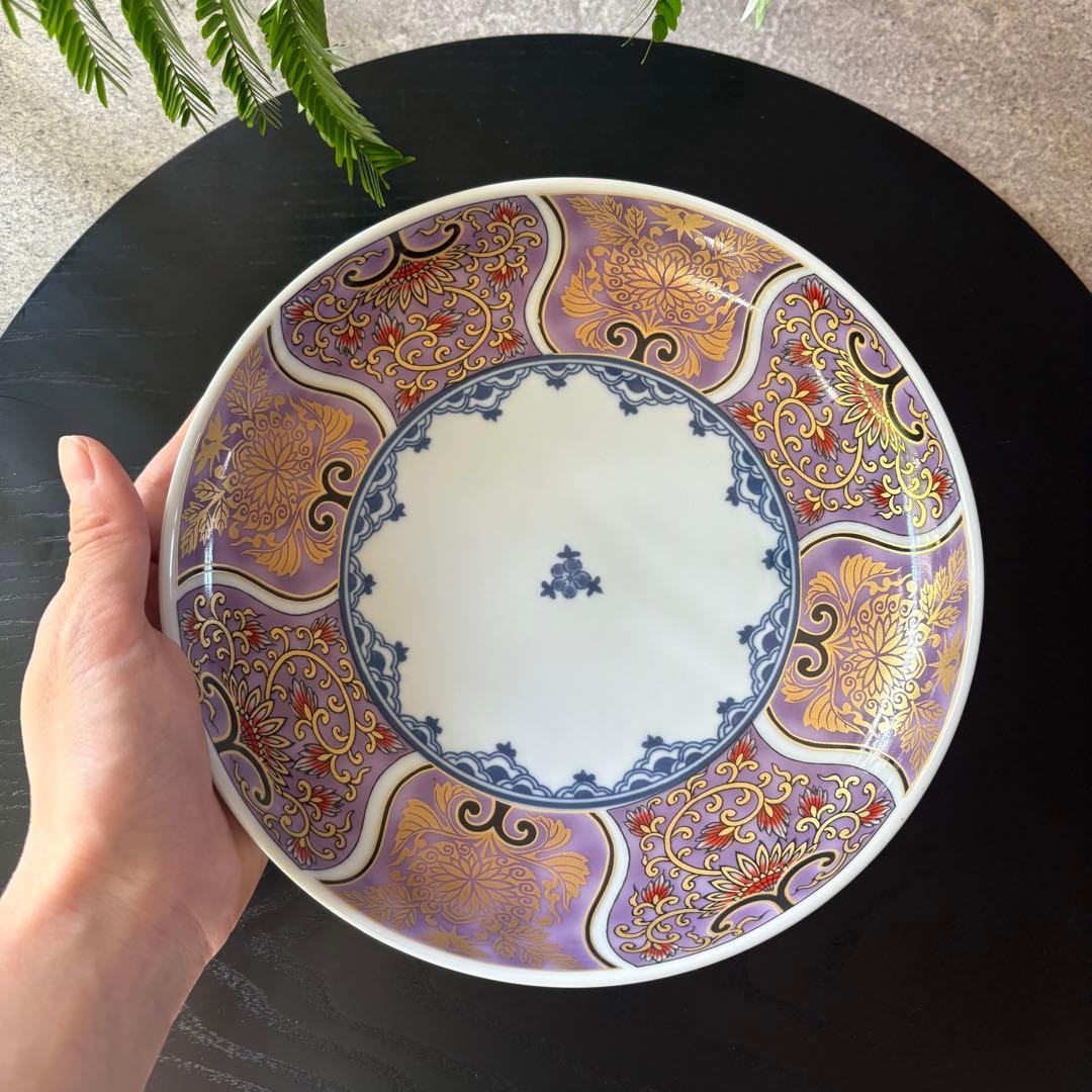献上古伊万里 大皿 5枚セット 紫 パープル 約20cm 多用皿 金彩 和食器