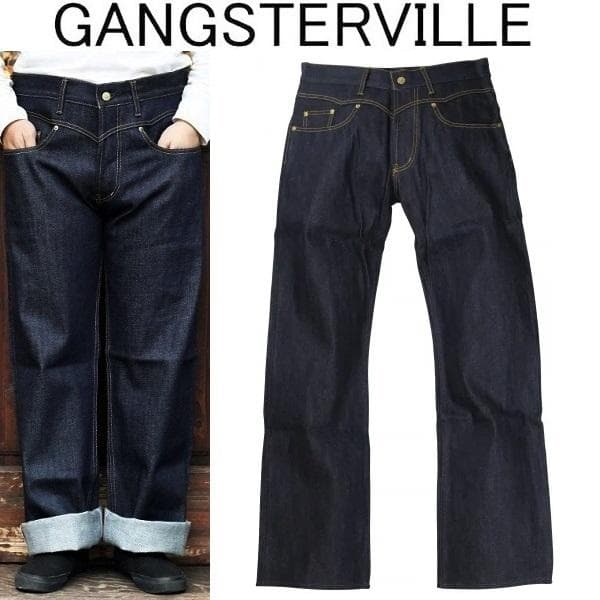 美品 GANGSTERVILLE デニムパンツ アイアンクロス刺繍 インディゴL