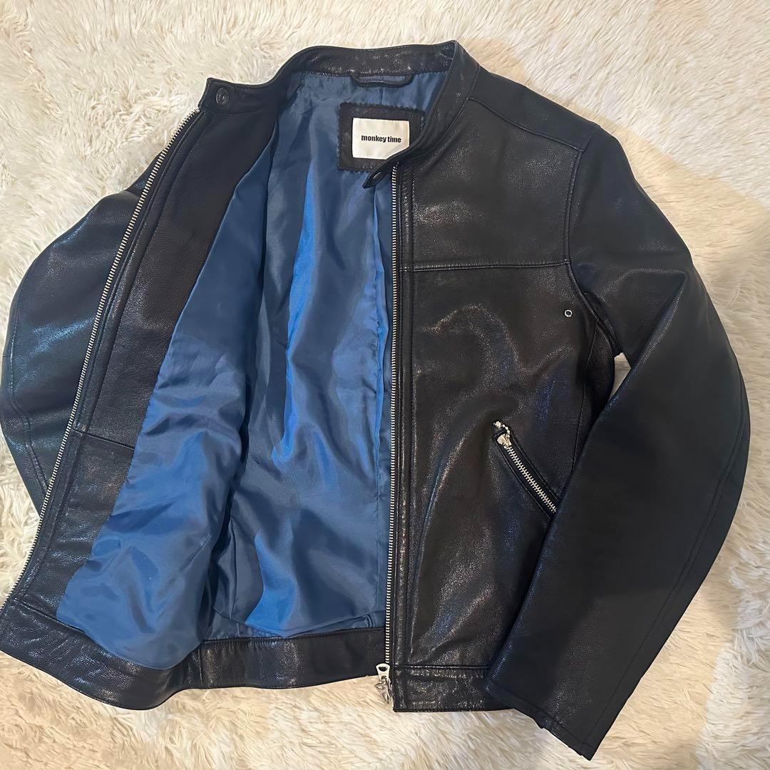 monkey time ブラックレザー シングルライダース L 花柄 やぎ革