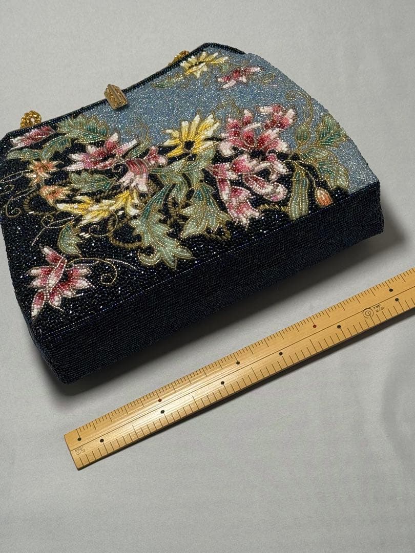 極美品] 和装バッグ 綜ビーズ 刺繍 紺色 水色 略礼装 カジュアル 卒業