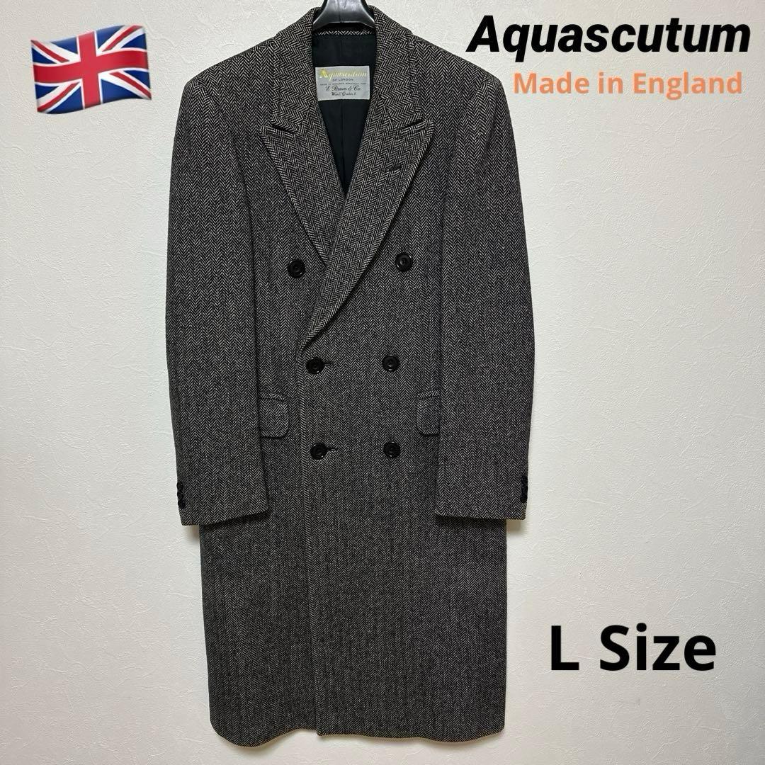 Aquascutum★ダブルブレスト チェスターコート★ヘリンボーン★Lサイズ