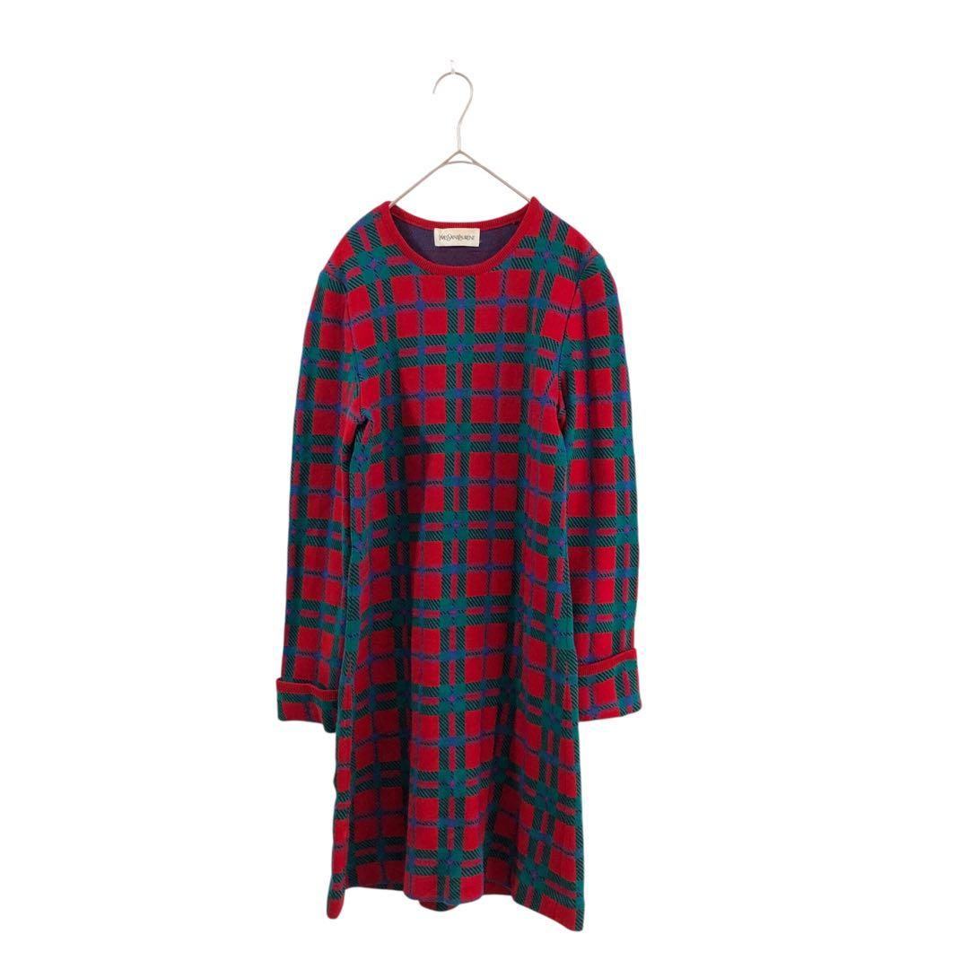 美品 イヴサンローラン ワンピース チェック ロング M ウール ニット 長袖