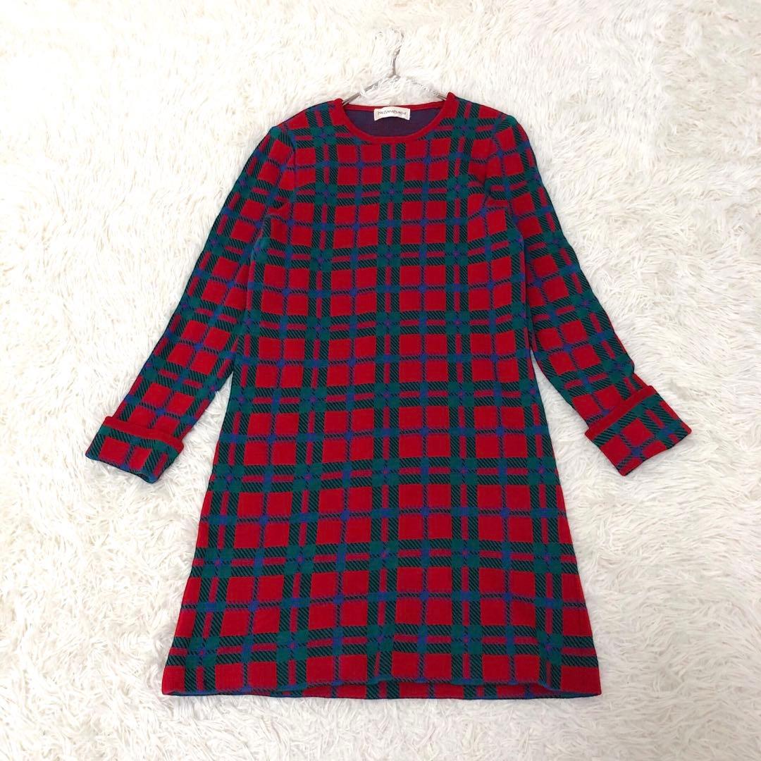 美品 イヴサンローラン ワンピース チェック ロング M ウール ニット 長袖