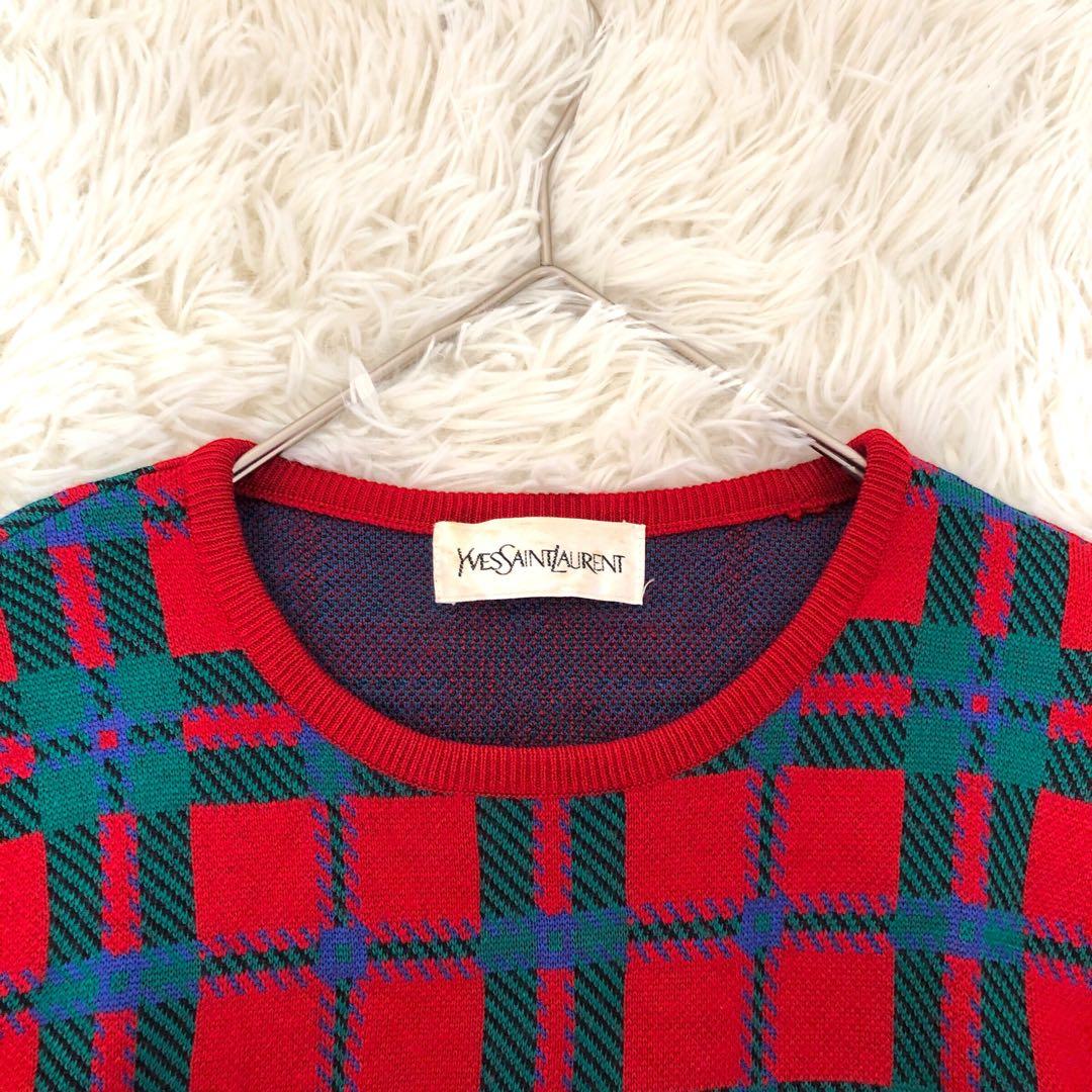 美品 イヴサンローラン ワンピース チェック ロング M ウール ニット 長袖