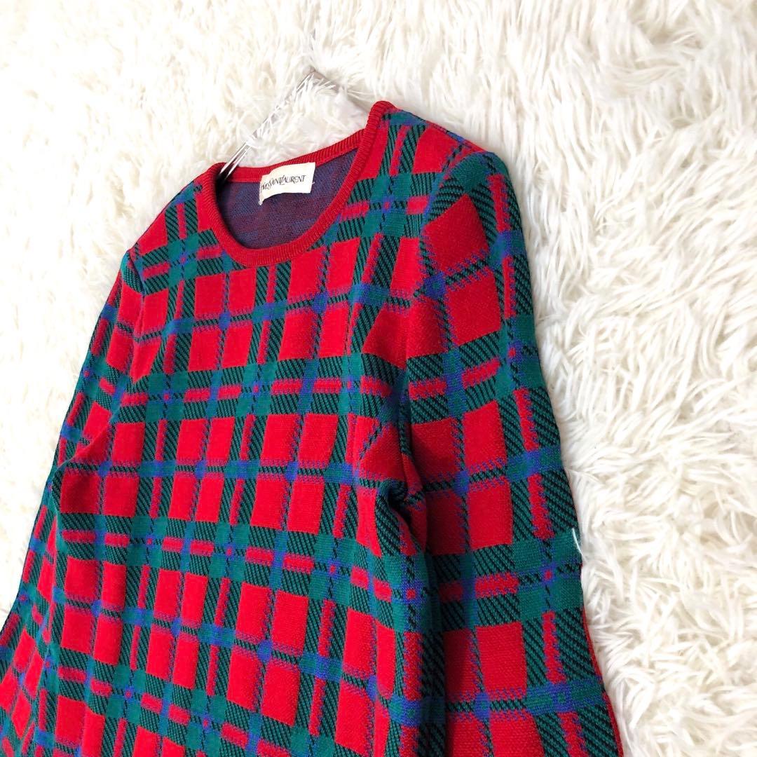 美品 イヴサンローラン ワンピース チェック ロング M ウール ニット 長袖