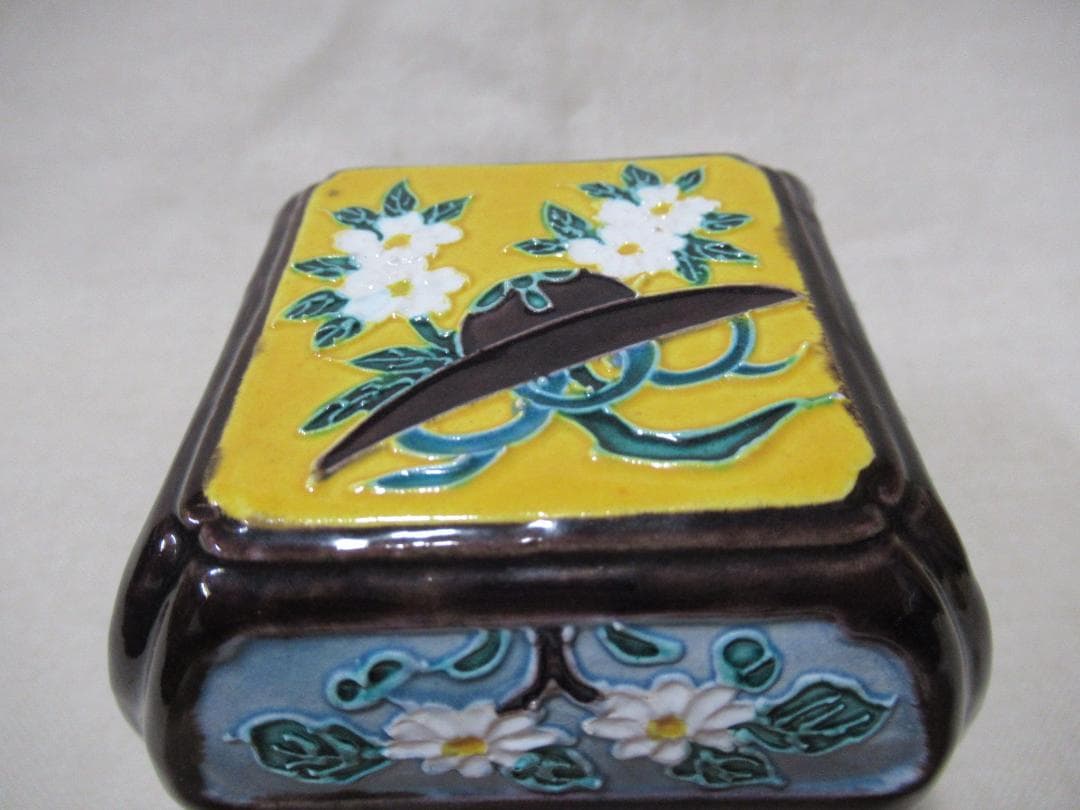 茶道具　清閑寺祥平造　交跡花笠四方角画　香合　共箱