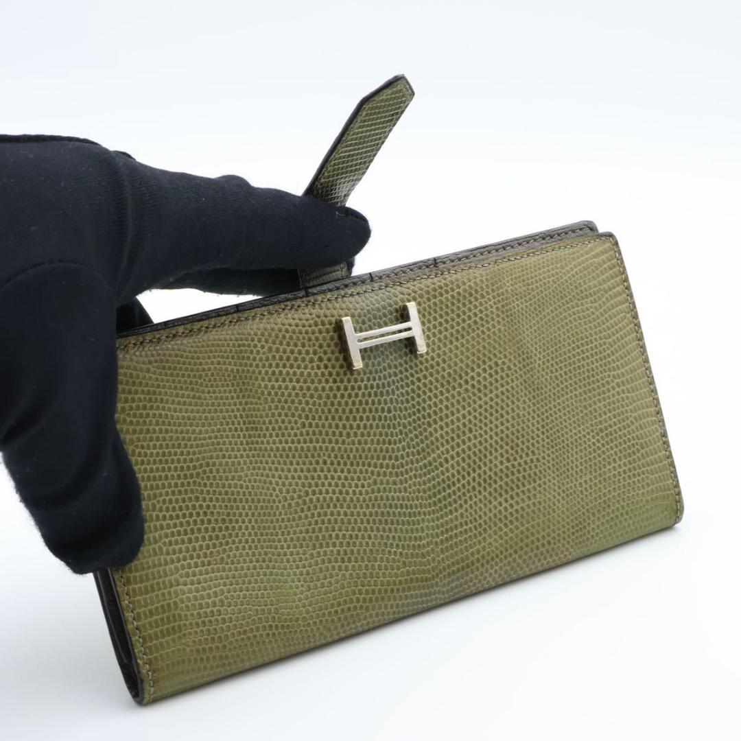 【極美品】HERMES ベアンスフレ　リザード グリーン系　長財布　□M刻印
