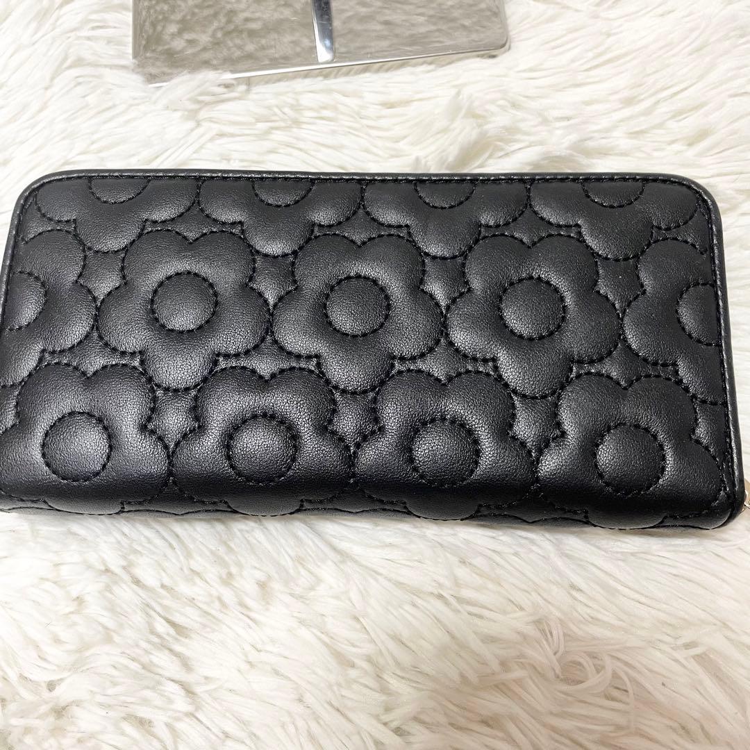 新品 マリークワント 長財布 ラウンドファスナー 花柄 レザー ブラック