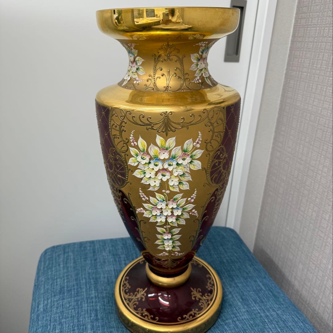 ベネチアングラス★フラワーベース 金色＆レッド チェコスロバキア 50㌢