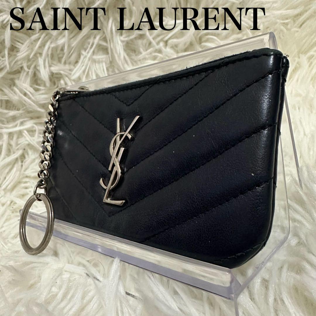 SAINT LAURENT ケース キルティングレザー シルバーロゴ 黒