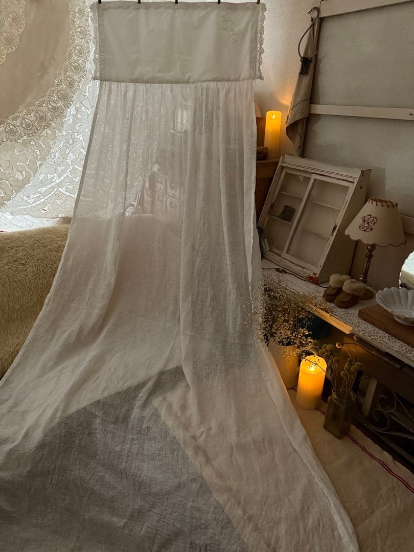 SALE❣️フランスアンティークモノグラム入りリネンガーゼカーテンஐ⋆*