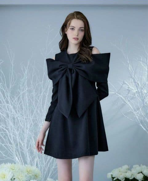 Riu Ribbon short dress リボン ワンピース ブラック 黒 レディース ビッグリボンワンピース チュール レース パフスリーブ