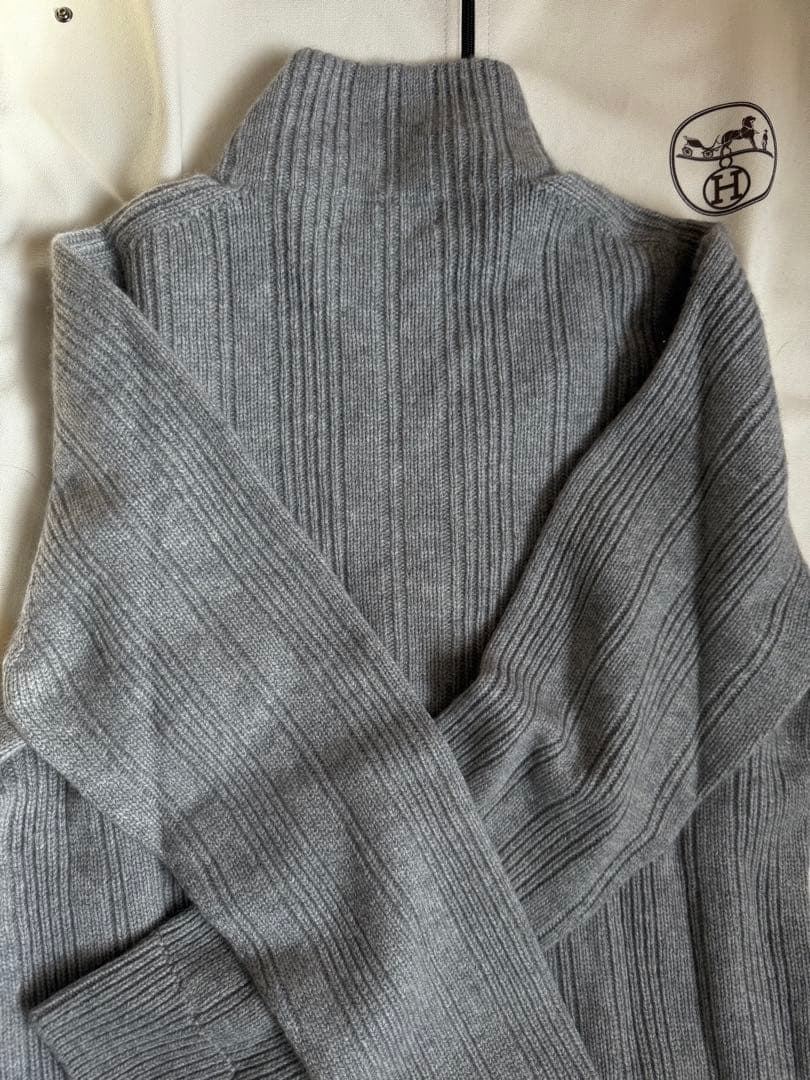 【未使用品】HERMES カシミヤ　グレー リブ編み ジップアップセーター L