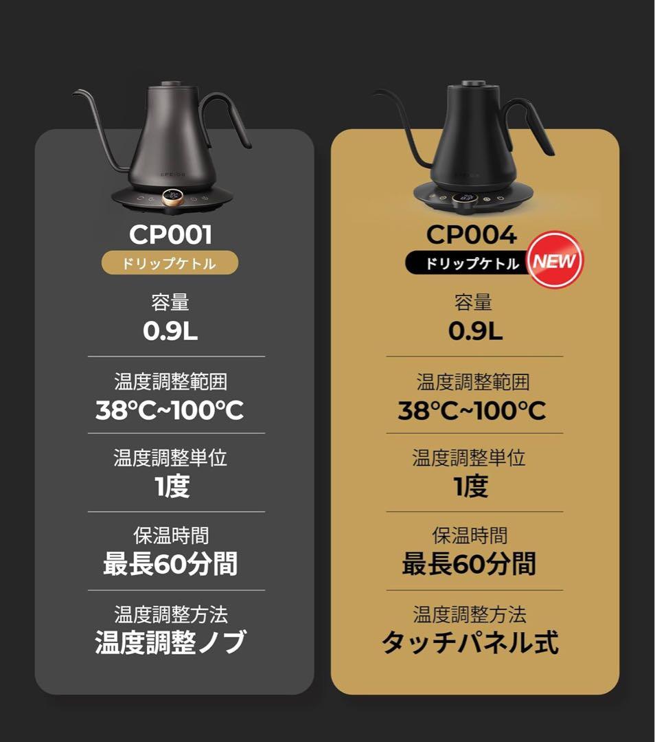 ブラック電気ケトル 38〜100℃ 1°C単位の精密調節 0.9L1040W