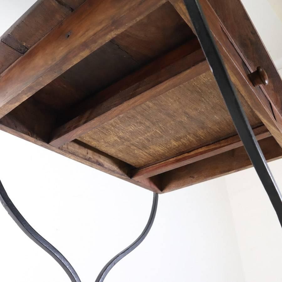 値下アンティーク調 アイアン脚 サイドテーブル 花台 飾り台 古材 引き出し付