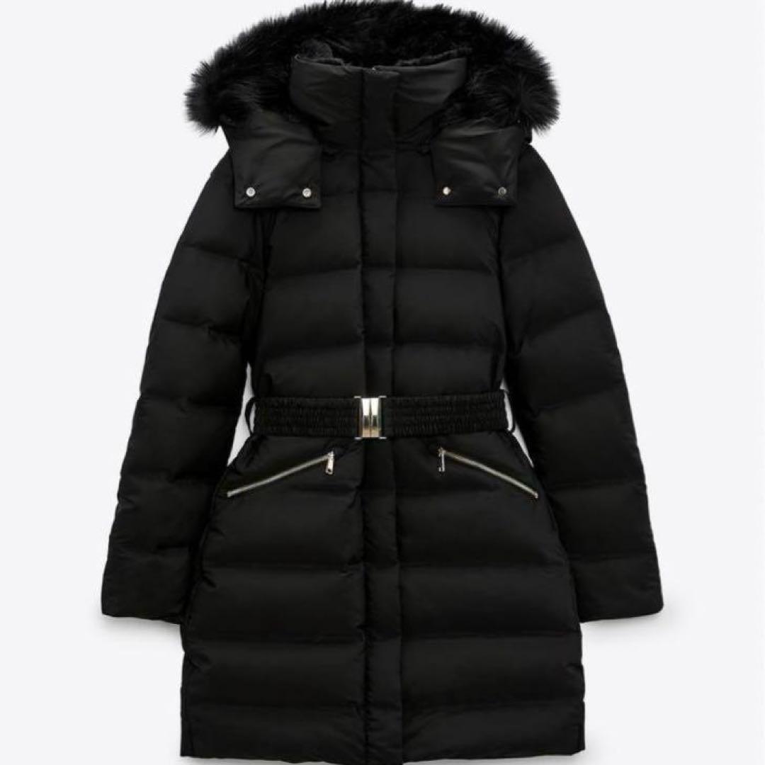 ZARA ザラ L ブラック ベルト付きダウンコート ロング ファー ゴールド