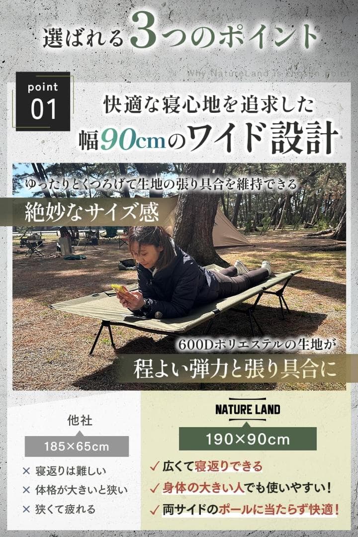 コット ワイド 90cm キャンプ NATURE LAND オリーブグリーン