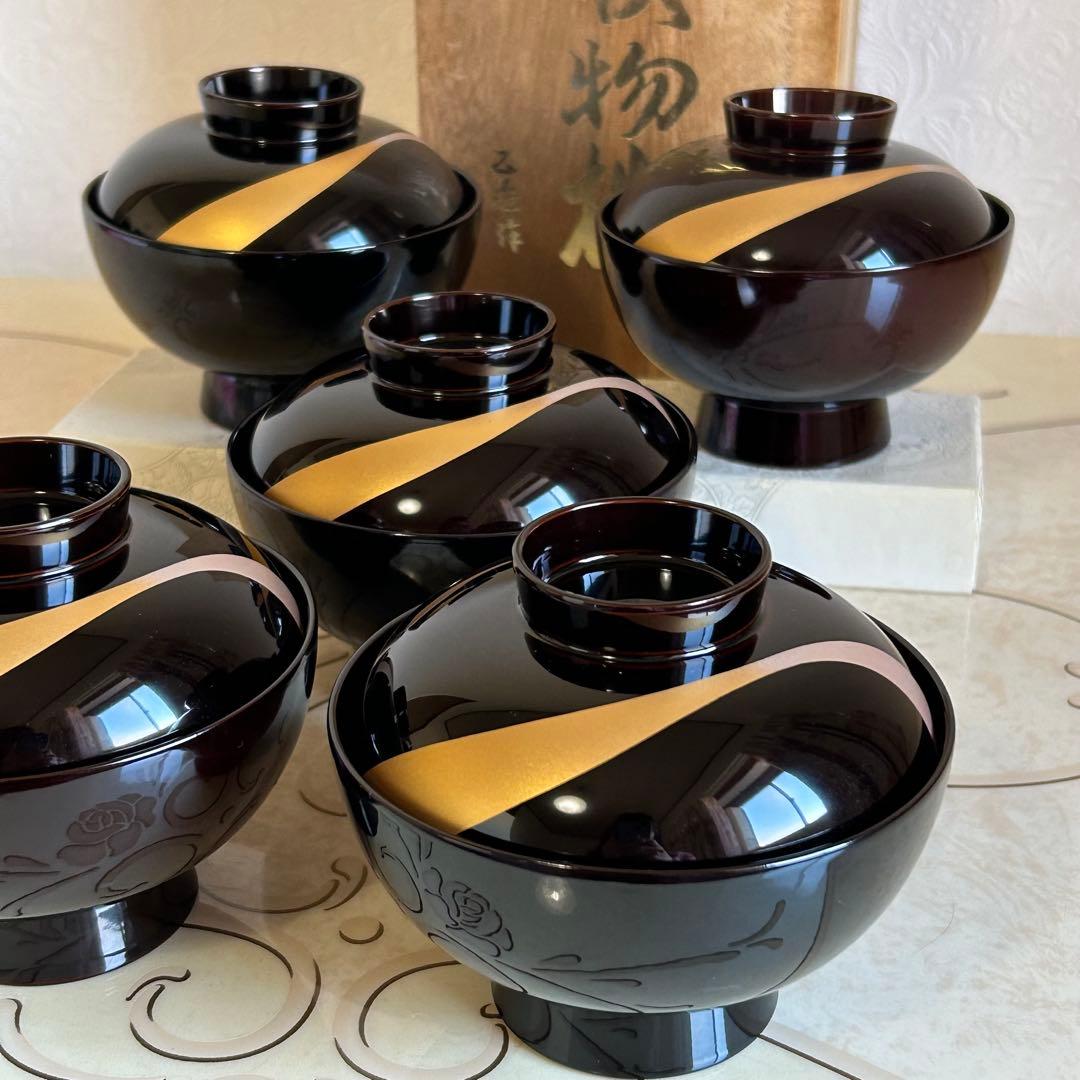 会津塗 乙造作 蓋付き御吸物椀揃 5客セット 金彩 汁椀
