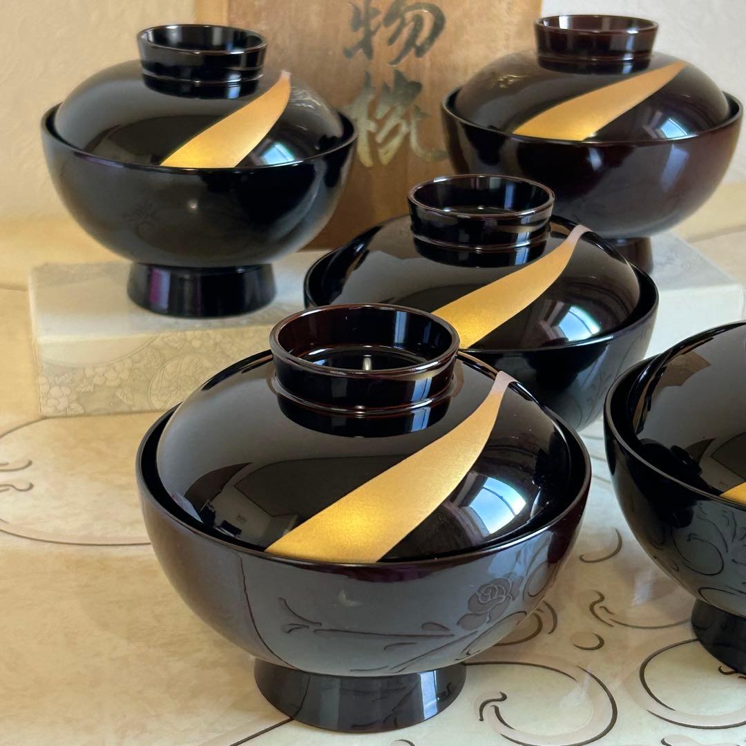 会津塗 乙造作 蓋付き御吸物椀揃 5客セット 金彩 汁椀