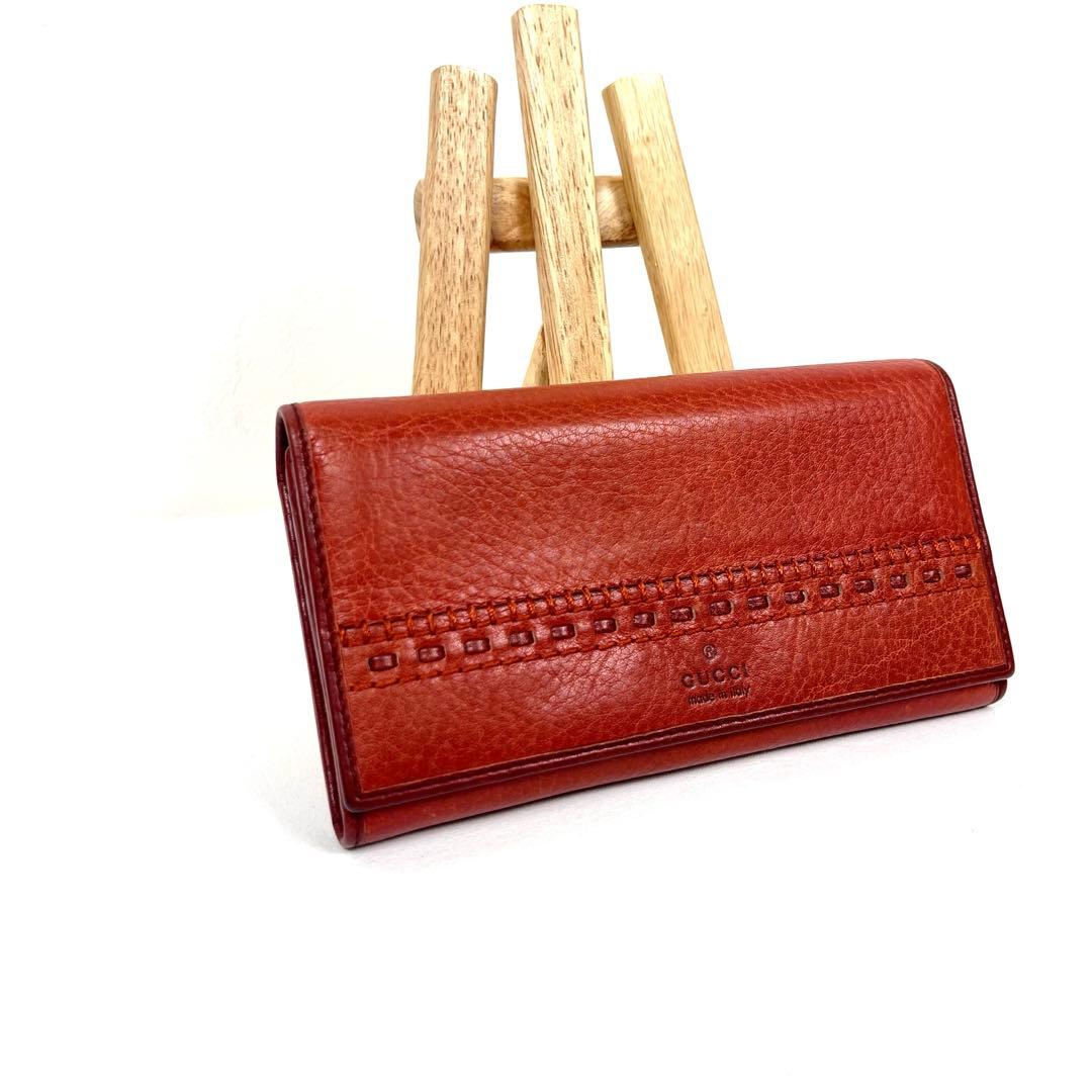 グッチ 長財布 未使用級 ビンテージ 本革 ステッチ 編み込み ロゴ型押し