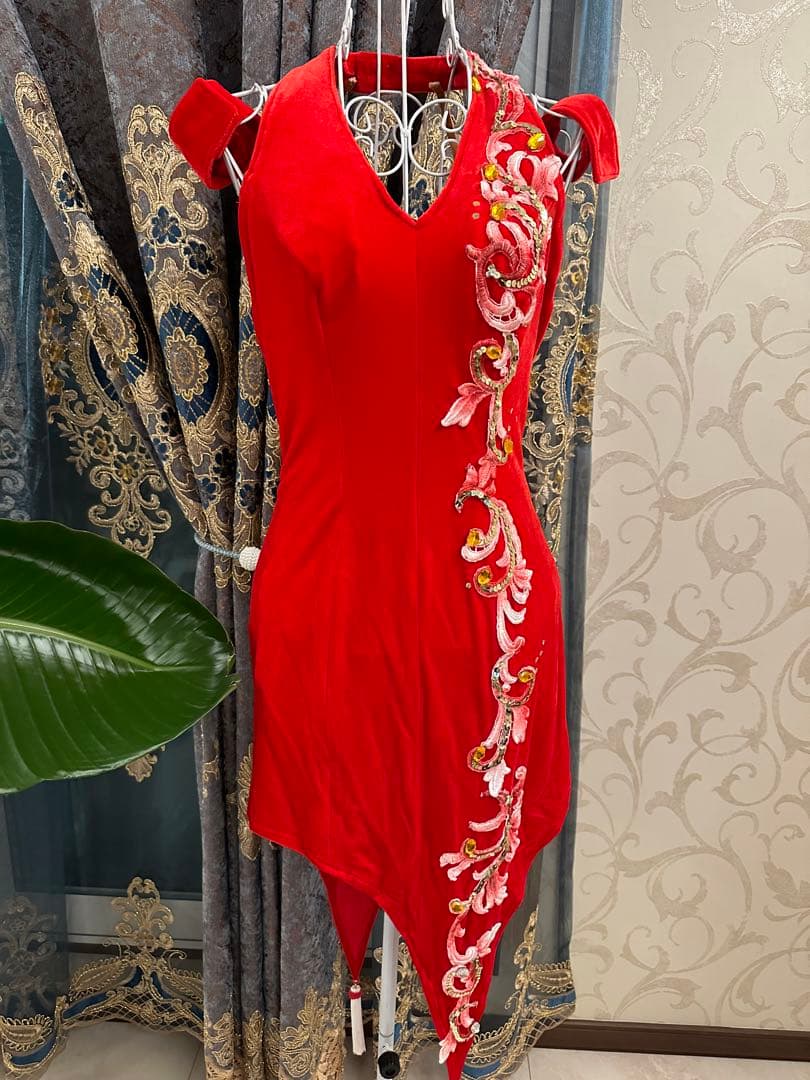 チャコットラテンドレスレッド社交ダンスクリスマスM