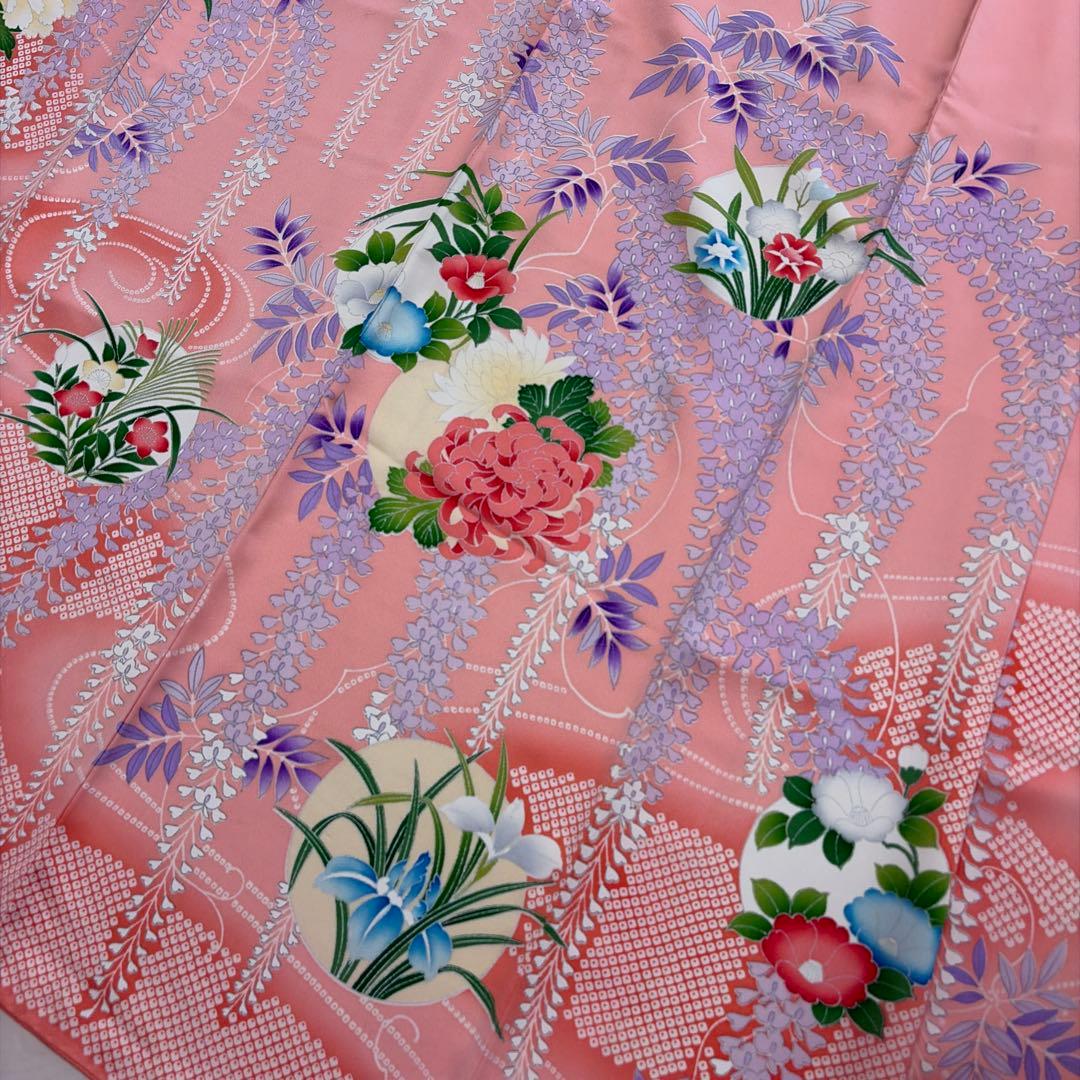 ■E5322■美品■正絹■珊瑚色 藤に花尽くし　袷　振袖■丈165　裄64.5