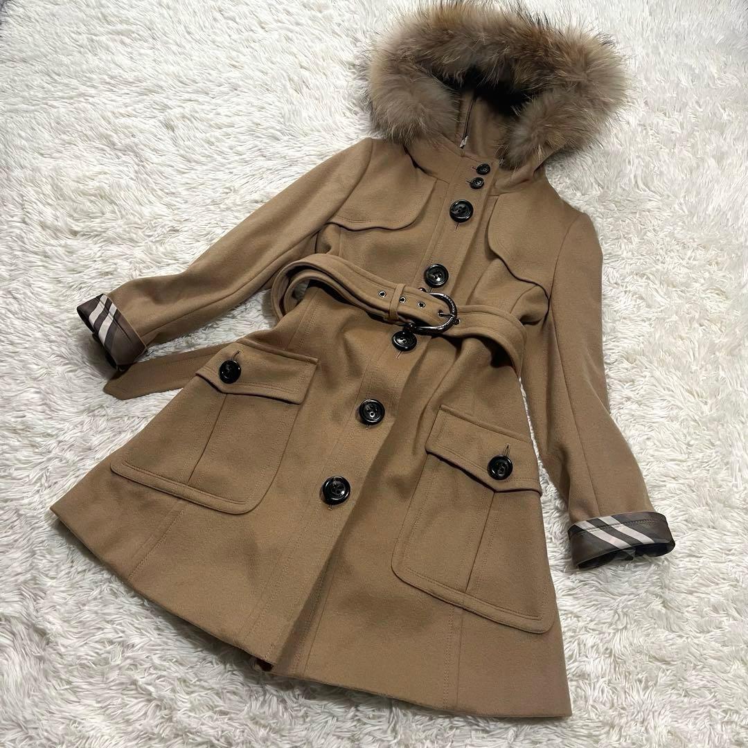 美品✨バーバリー ブルーレーベル　ラクーン ファー付きロングコート　ベージュ　M