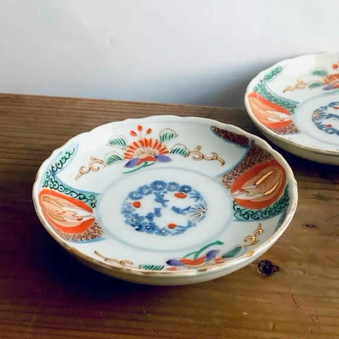 金彩赤絵鶴唐花皿 青郊窯、犬山焼や大聖寺伊万里、古伊万里や統制陶器