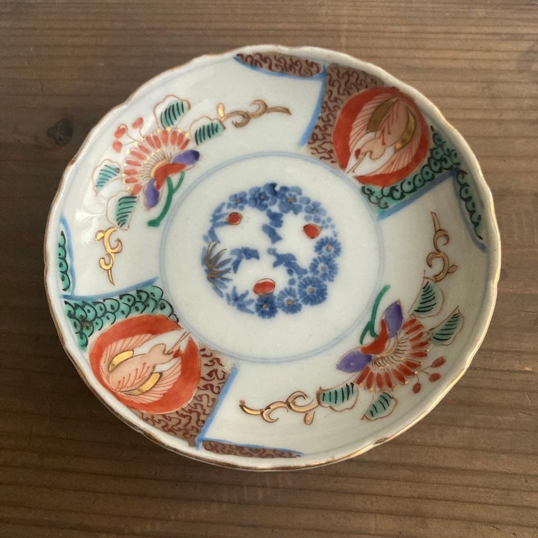 金彩赤絵鶴唐花皿 青郊窯、犬山焼や大聖寺伊万里、古伊万里や統制陶器