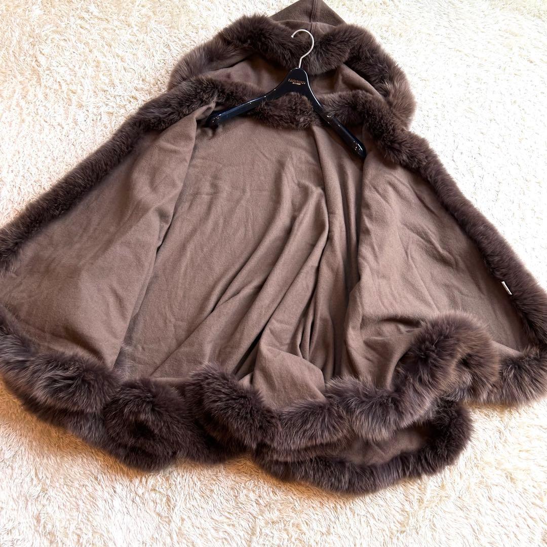 カシミヤ✨️フォックス ポンチョ】 フード付き 本毛皮 マント コート 茶