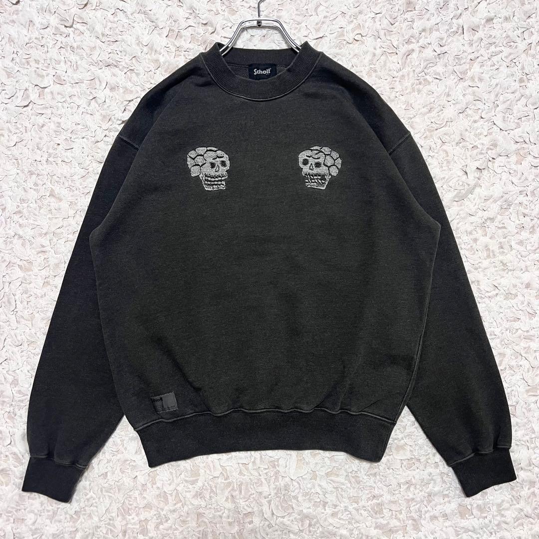 『Schott』　スウェット　スカル　刺繍　ピグメント加工　チャコールグレー　M