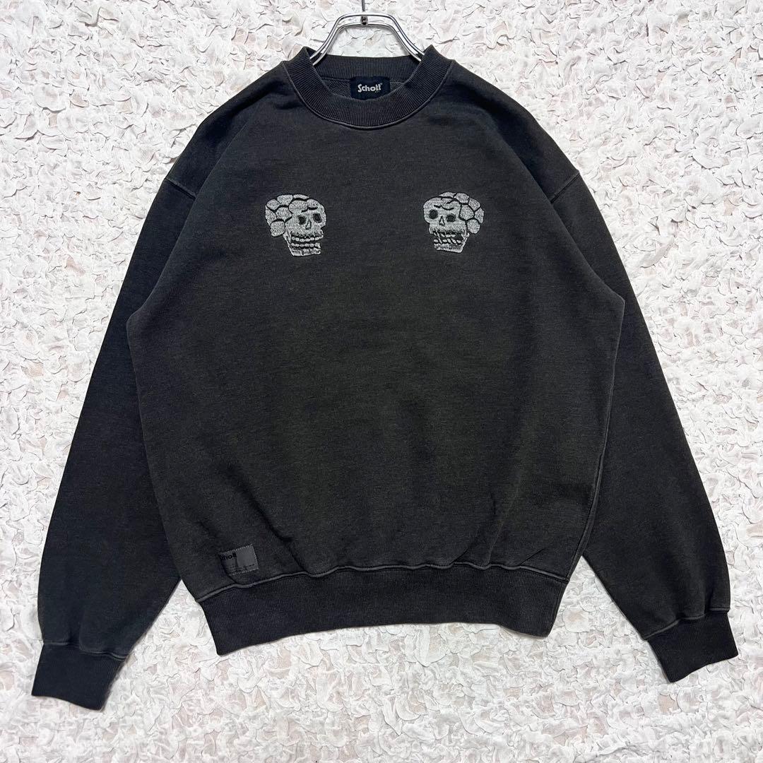 『Schott』　スウェット　スカル　刺繍　ピグメント加工　チャコールグレー　M