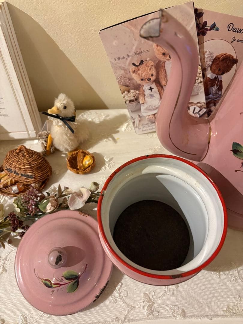 アンティークホーロー♡AUBECQ社ピンクバラ柄ホーローカフェティエール　希少❣️