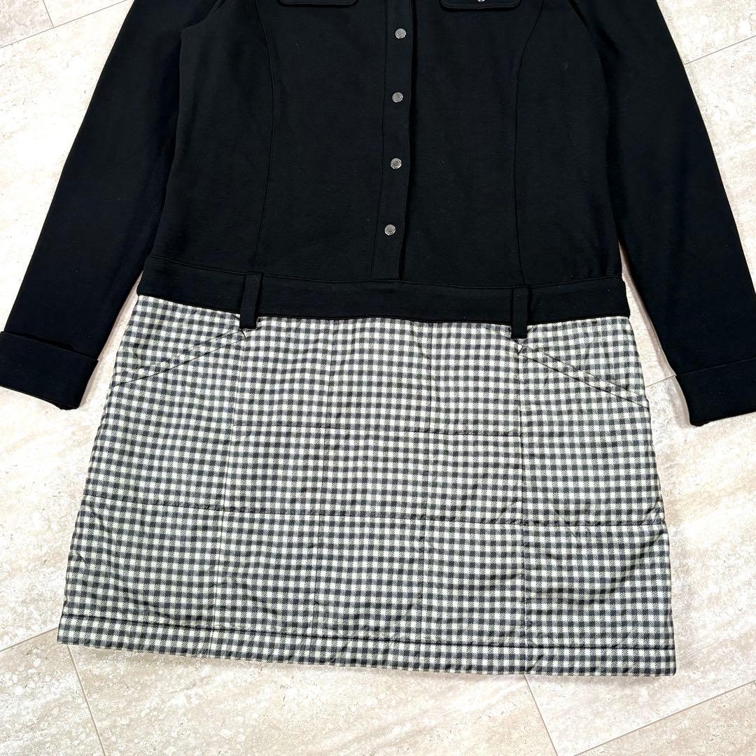 【マンシングウェア】長袖ワンピース　LL　切替　秋冬　ブラック　チェック　中綿