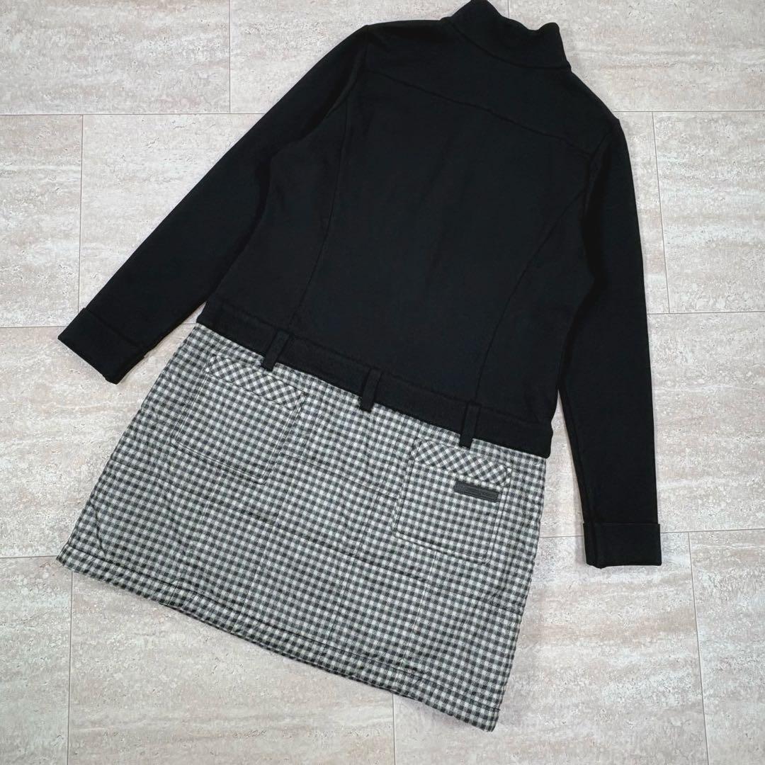 【マンシングウェア】長袖ワンピース　LL　切替　秋冬　ブラック　チェック　中綿
