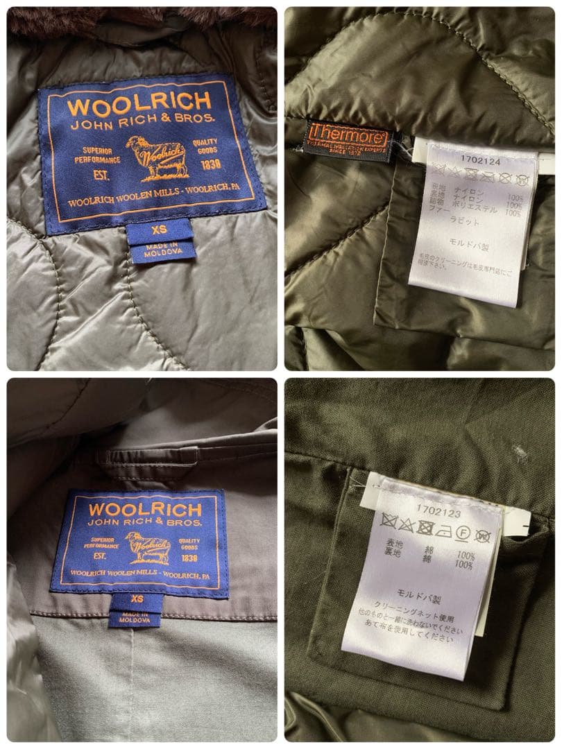 ウールリッチ 中綿ライナー付 モッズコート ラビットファー カーキ XS