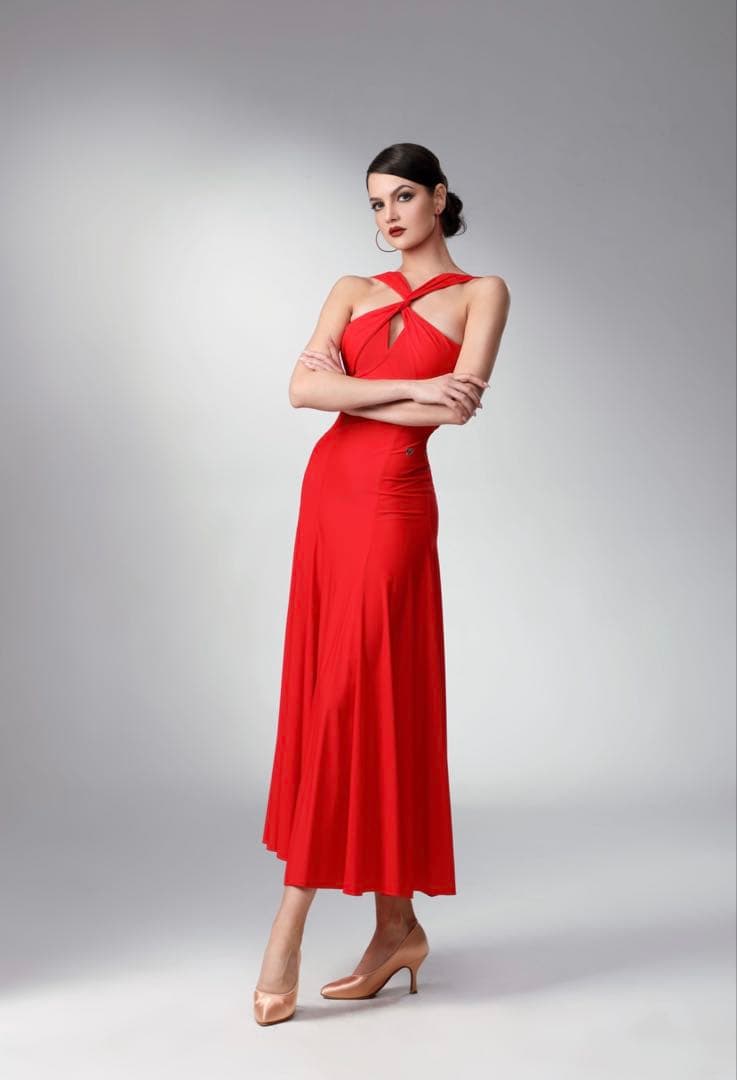 TID直輸入　社交ダンス衣装　ダンスワンピース　ダンスウェア　ダンスドレス　赤