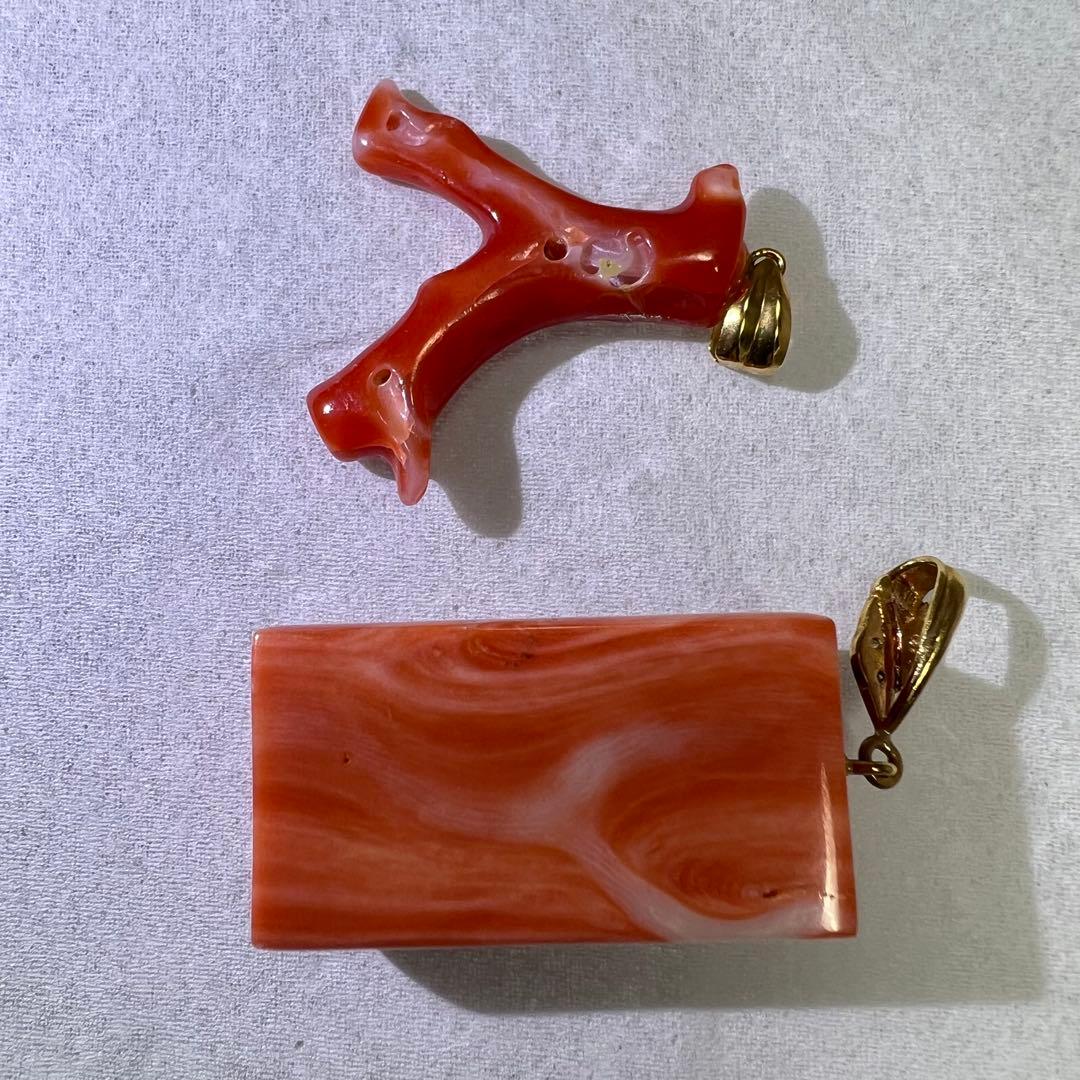 1K18刻印　ダイヤ入　本赤珊瑚　ネックレストップ　2点　10.7g
