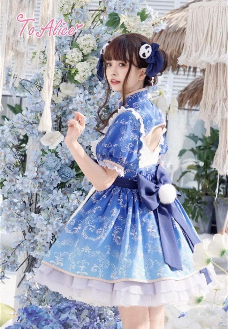 【6点SET】新品 to Alice パンダチャイナメイドワンピース ブルー