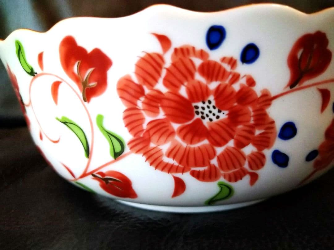 ♥【金彩古美濃焼】銅鑼鉢・赤絵大・中2皿♢古橘吉・たち吉・輪花型