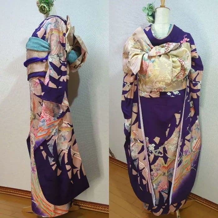 モダン 振袖フルセット 成人式 古典柄 型染め友禅 ９種セット正絹 紫 裄丈68