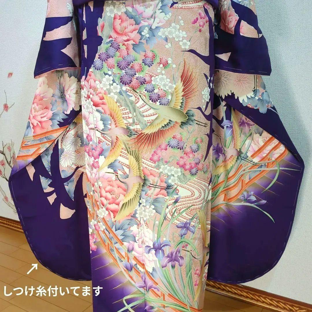 モダン 振袖フルセット 成人式 古典柄 型染め友禅 ９種セット正絹 紫 裄丈68