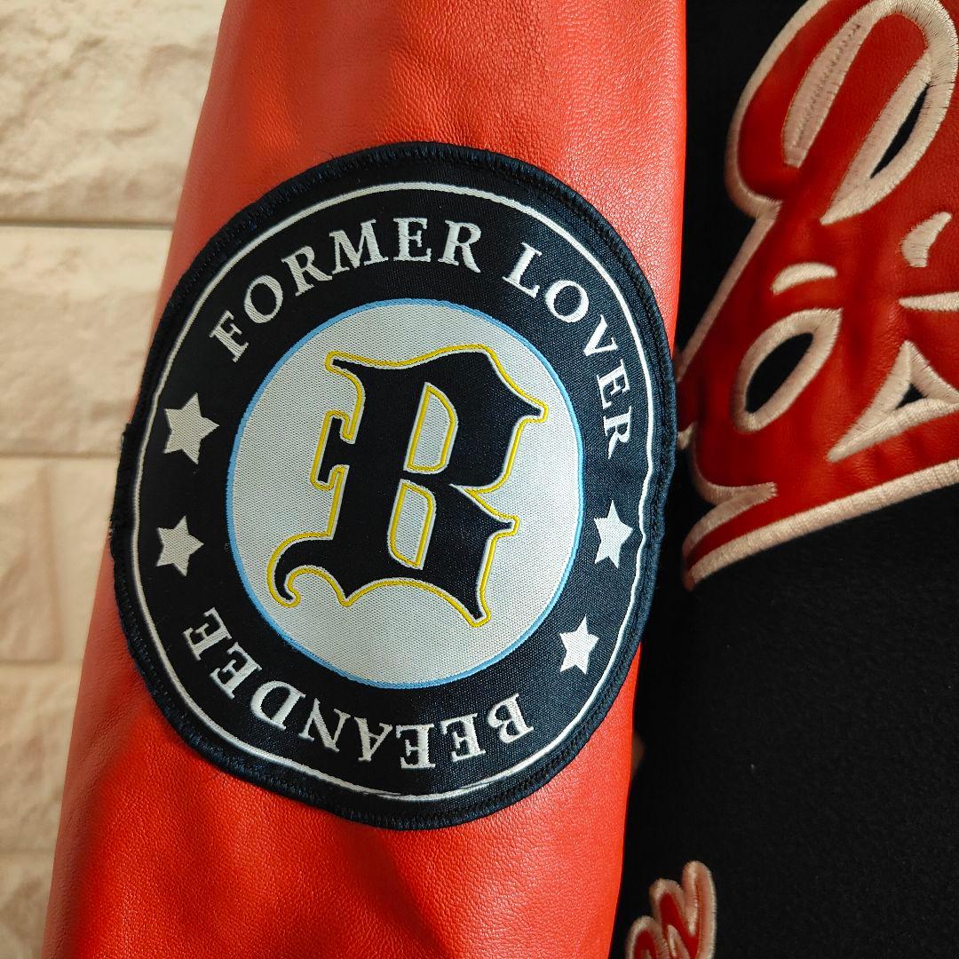 スタジャン アメカジ デカロゴ 両袖 レザー 切替 L ネイビー オレンジ