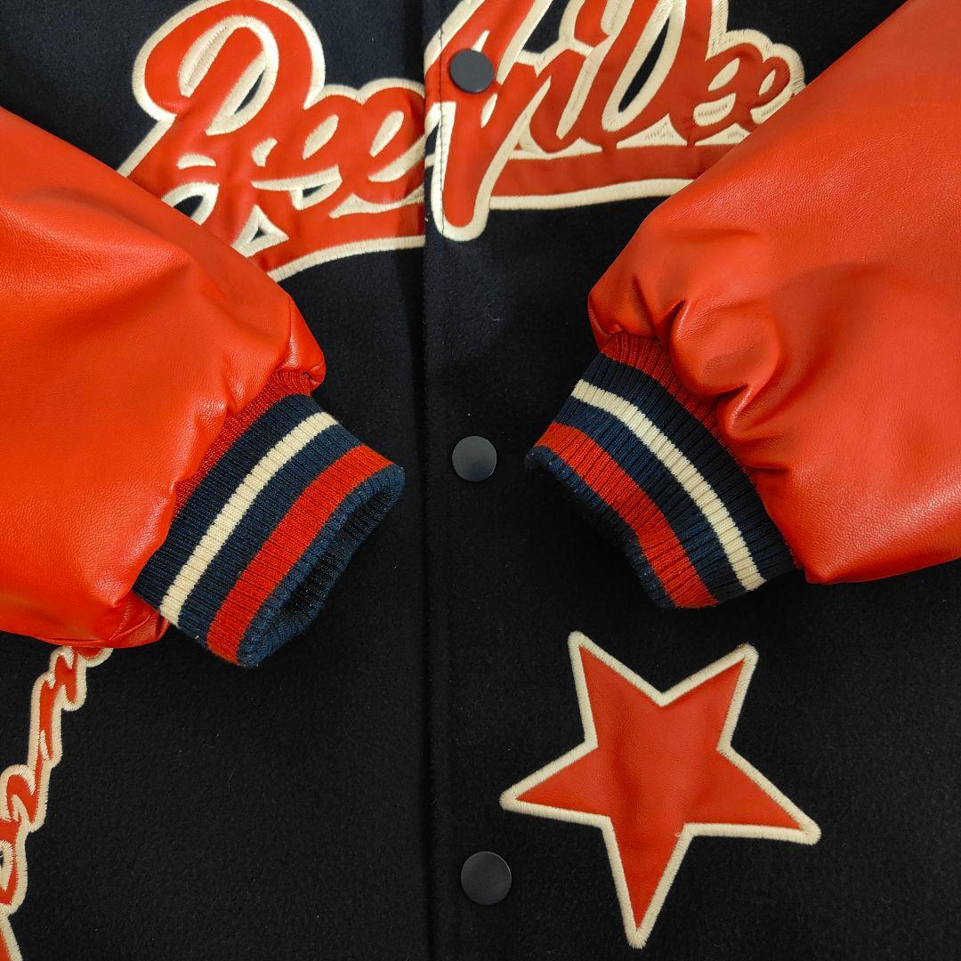 スタジャン アメカジ デカロゴ 両袖 レザー 切替 L ネイビー オレンジ