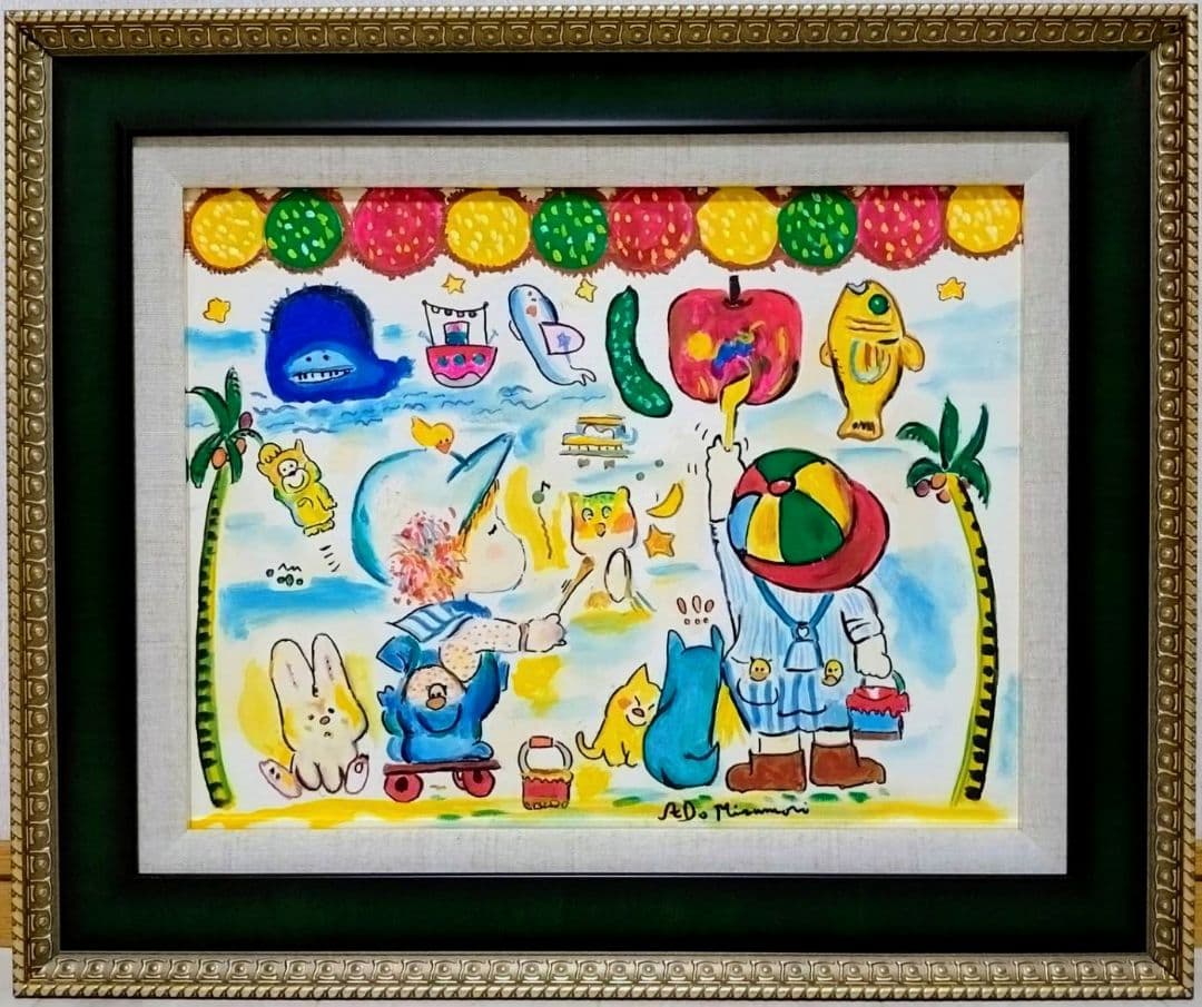 F6号】水森亜土 手描き作品/表裏サイン・裏描き有/油彩/アクリル/額縁